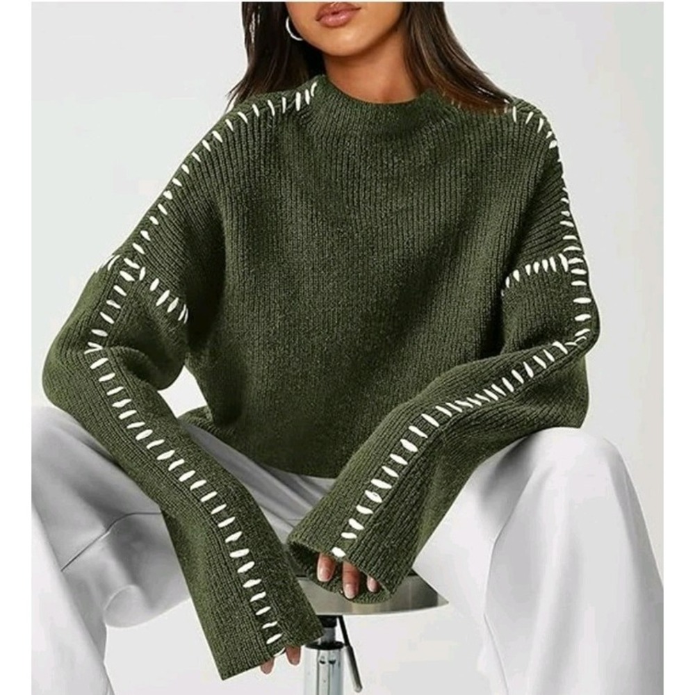 NWT Womens Sz M Chunky Knit Oversized Sweater Ribbed Cropped Mock Neck‎ Pullover